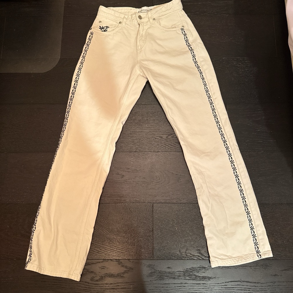 Stradivarius Cream Straight Leg Jeans with Black Embroidery